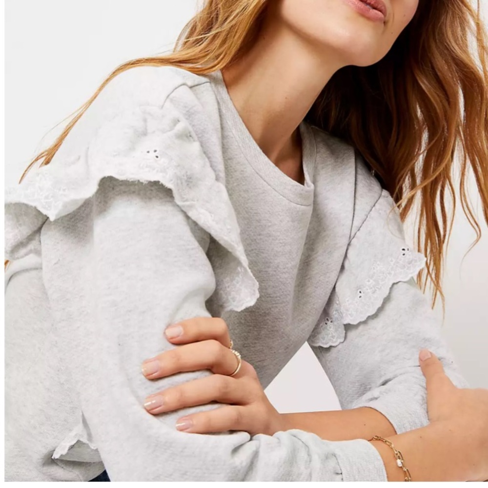 Loft Embroidered Ruffle Sleeve Sweatshirt Top S - Picture 2 of 16